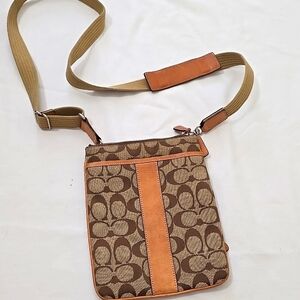 Coach Signature Tan Brown  Leather Trim Swing Back Vintage Bag